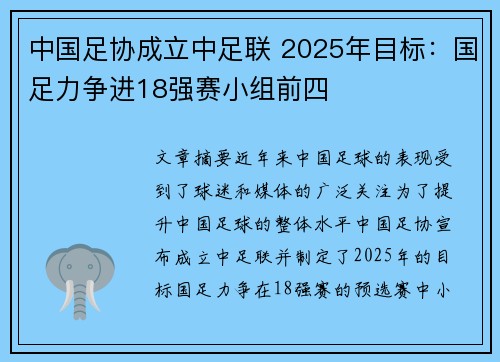 中国足协成立中足联 2025年目标：国足力争进18强赛小组前四